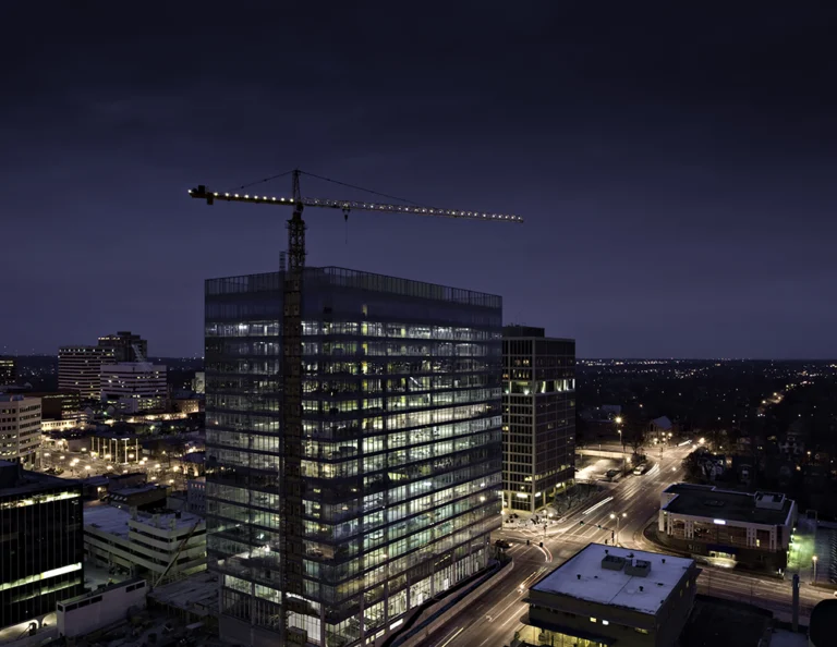 Office Tower Shell Completion Night Shot w. Crane